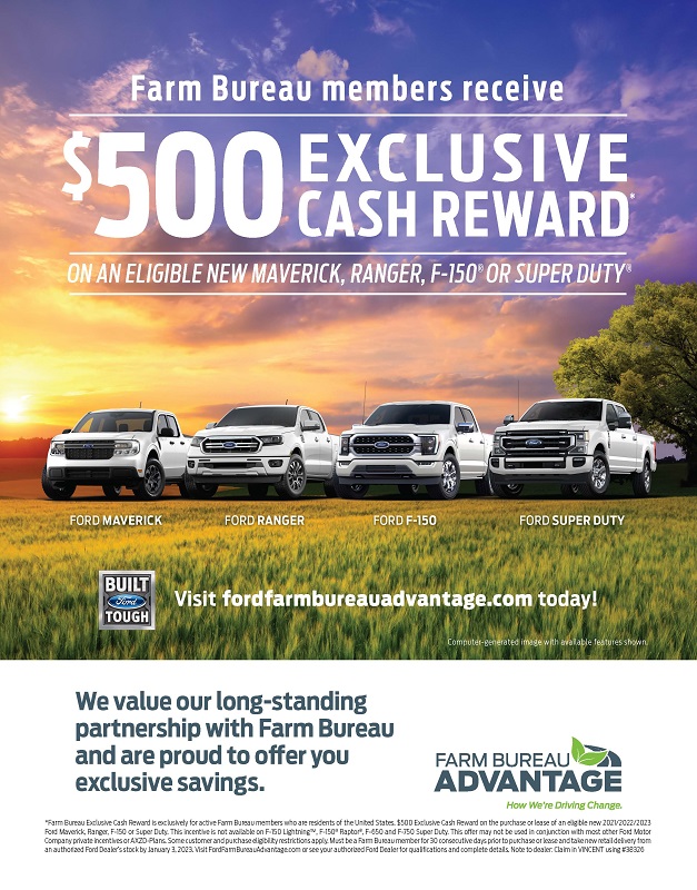 Farm Bureau Bonus Cash is exclusively for active Farm Bureau members who are residents of the United States. $500 Bonus Cash on eligible new 2020/2021/2022 Ford Ranger, F-150 or Super Duty