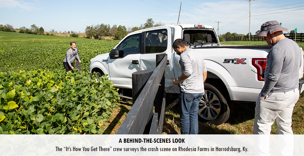 The "It's How You Get There Crew" surveys the crash scene on Rhodesia Farms in Harrodsburg, Ky.