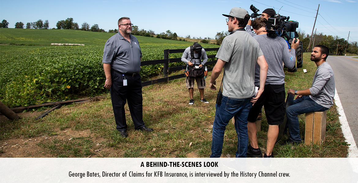 George Bates, Director of Claims for KFB Insurance, is interviewed by the History Channel crew.