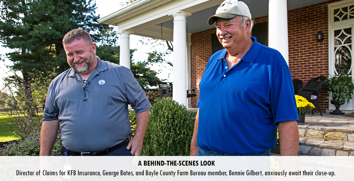Director of Claims for KFB Insurance, George Bates, and Boyle County Farm Bureau member, Bennie Gilbert, anxiously await their close-up.