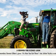 Boyle County Farm Bureau member, Bennie Gilbert, gives "It's How You Get There" star, Julian Taylor, a crash-course in tractor driving.