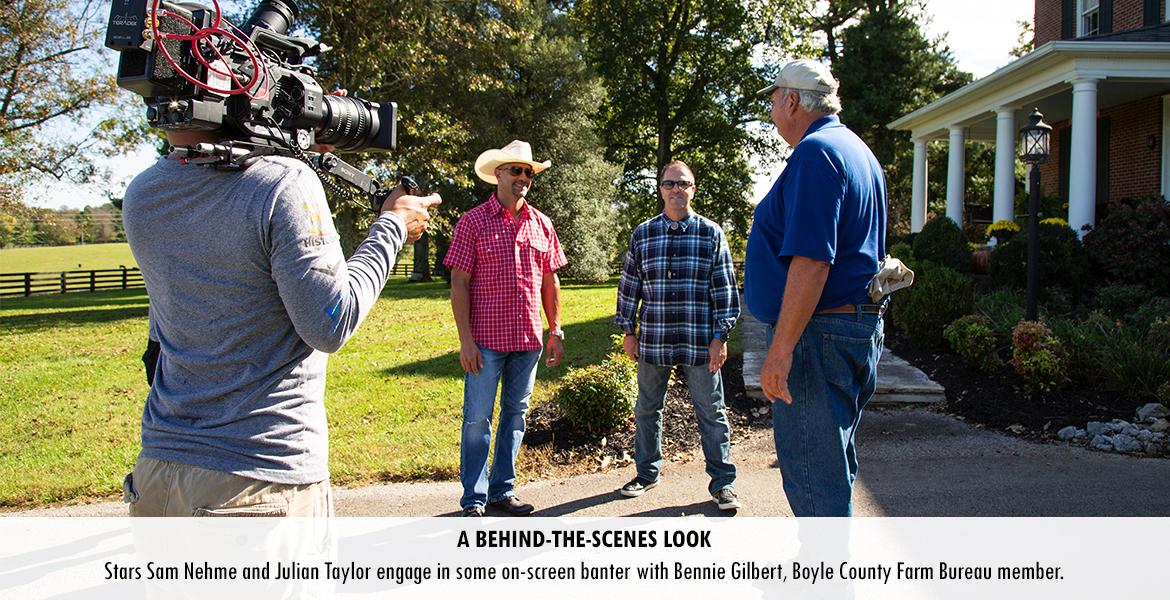 Stars Sam Nehme and Julian Taylor engage in some on-screen banter with Bennie Gilbert, Boyle County Farm Bureau member.