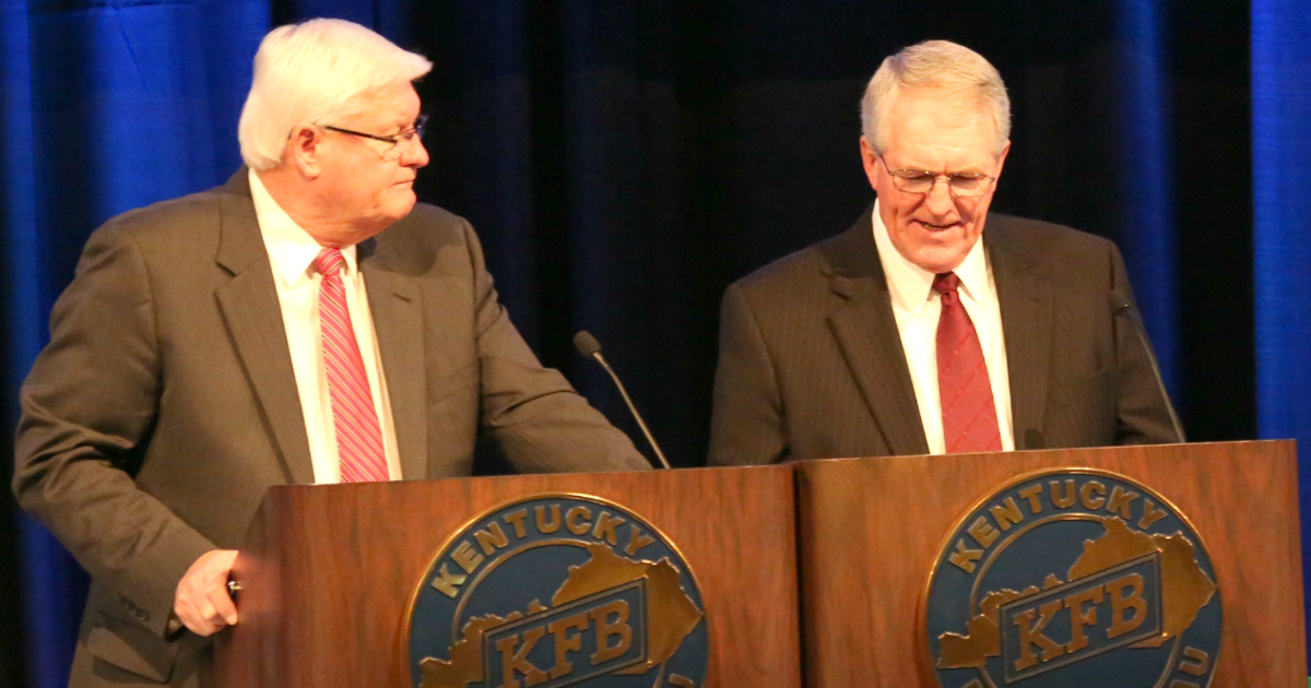 KFB President Mark Haney and 1st Vice President Eddie Melton review the organization's policy with delegates at Kentucky Farm Buruea's Annual Meeting KFB President Mark Haney and 1st Vice President Eddie Melton review the organization's policy with delegates at Kentucky Farm Buruea's Annual Meeting