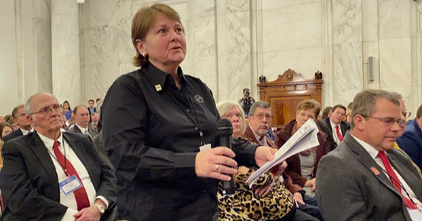 Peggy Downs of Marion County Farm Bureau poses a question at the 2020 Kentucky Farm Bureau Congressional Tour. Peggy Downs of Marion County Farm Bureau poses a question at the 2020 Kentucky Farm Bureau Congressional Tour.