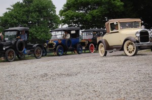Model Ts arrive at the alpalca farm in Washington County