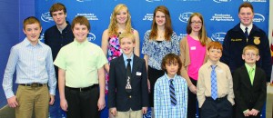 Essay winners: Essay contest winners were, from left: front row – Michael Brockman, sixth grade, Boone County; Andy Peeples, fifth grade, Daviess County; Anthony Pike, third grade, LaRue County; Lucas Leisley, first grade, Warren County; Micah Harrington, fourth grade, Whitley County; Cyrus Bivens, first grade, LaRue County; back row – David Ehlert, 12th grade, Fayette County; Chasity Bryant, 10th grade, LaRue County; Emma Ingalls, eighth grade, Hardin County; Breanna Woodward, sixth grade, Nelson County; and Logan Bechanan, ninth grade, Nicholas County. Not pictured: Abby Willgruber, 11th grade, Warren County. (Kentucky Department of Agriculture photo)