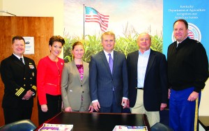 Agriculture Commissioner James Comer, center, gave a presentation on the Homegrown By Heroes program for officials with the U.S. Joint Chiefs of Staff on Monday. Pictured are, from left: Cmdr. Brent J. Embry, USN, Northern Region director of the Chairman’s Office of Reintegration; Heather French Henry, commissioner of the Kentucky Department of Veterans Affairs; Homegrown By Heroes producer Alvina Maynard of Richmond; Commissioner Comer; Homegrown By Heroes producer Danny Townsend of Jeffersonville; and Col. James P. Isenhower III, director of the Chairman’s Office of Reintegration. (Kentucky Department of Agriculture photo)
