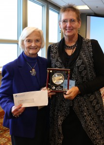 Rita Taulbee (right) received the Kentucky Farm Bureau 2015 Excellence in Ag Literacy Award. The announcement was made at the organization’s 96th annual meeting, held at the Galt House Hotel in Louisville. Pictured with Taulbee is KFB Women’s Committee Chair Betty Farris who presented her with the award.